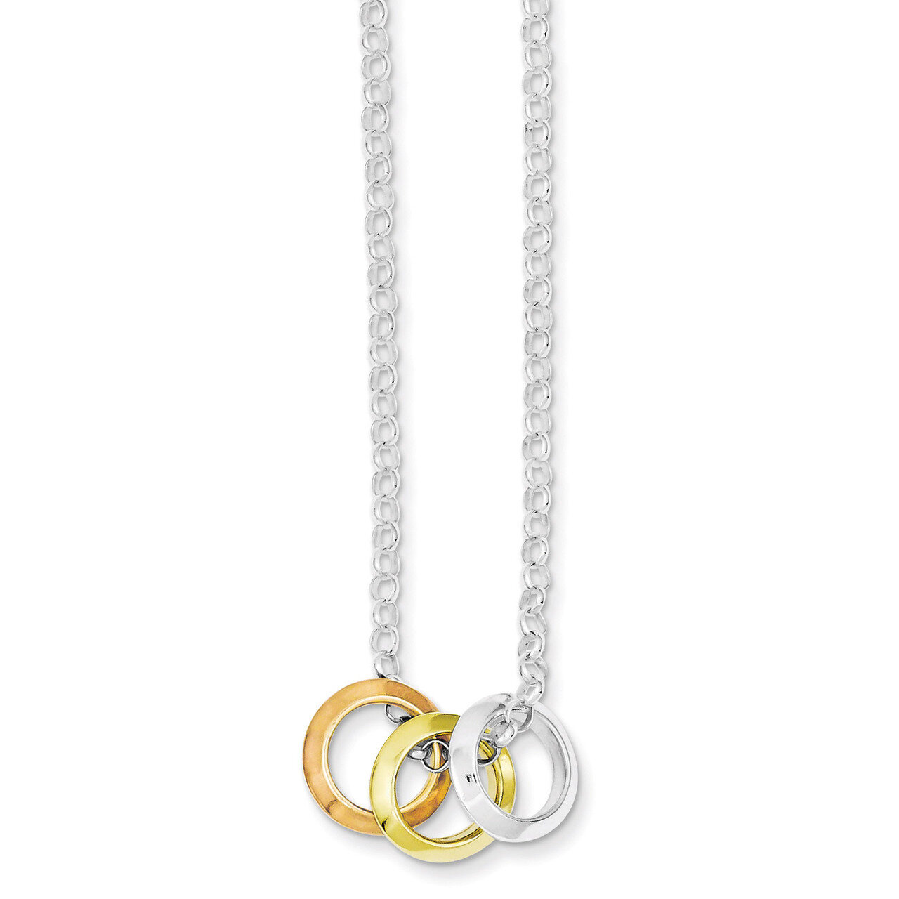 16 Inch Rhodium Plated, Yellow GP &amp; Rose GP, 3 Circle Necklace Sterling Silver Rhodium-plated QH497…