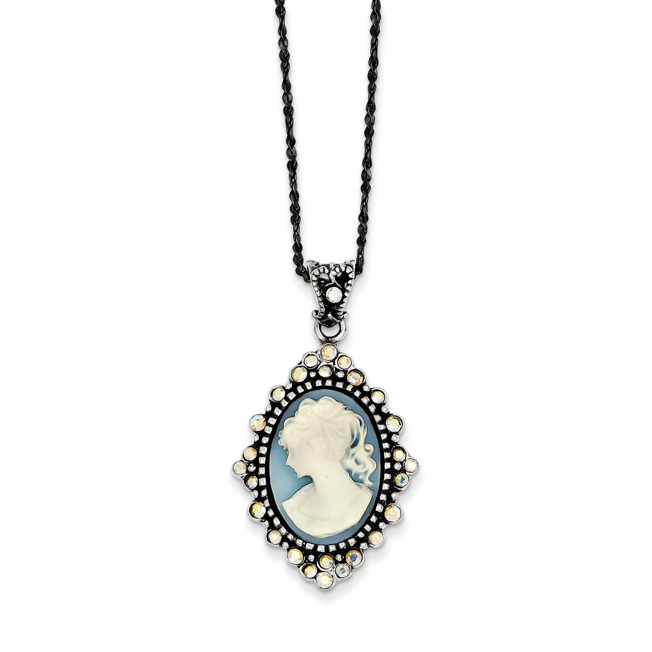 16 Inch Blue Crystal Cameo Pendant 16 Chain Sterling Silver QH787-16