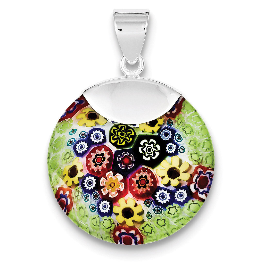 Multicolored Glass Polished Fancy Round Pendant Sterling Silver QP1838