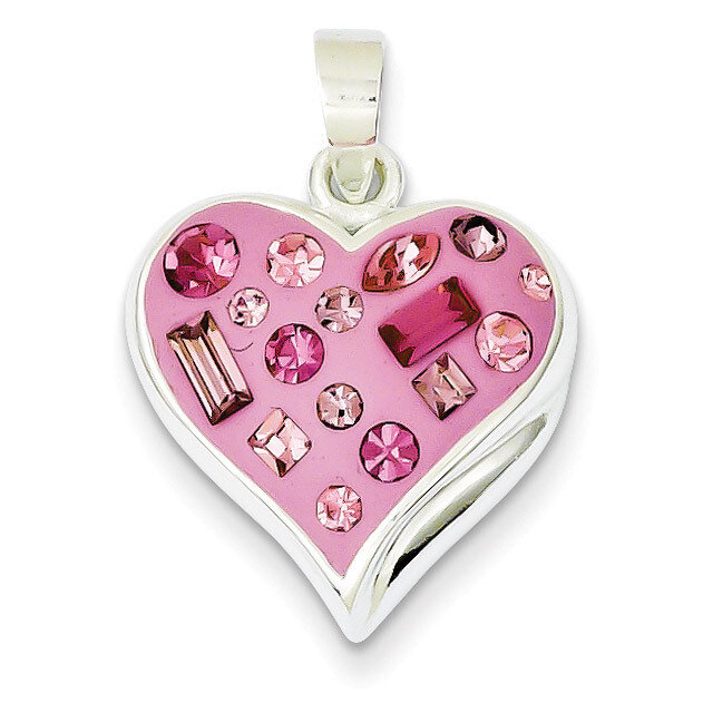 Pink Stellux Crystal &amp; Enameled Heart Pendant Sterling Silver QP1899