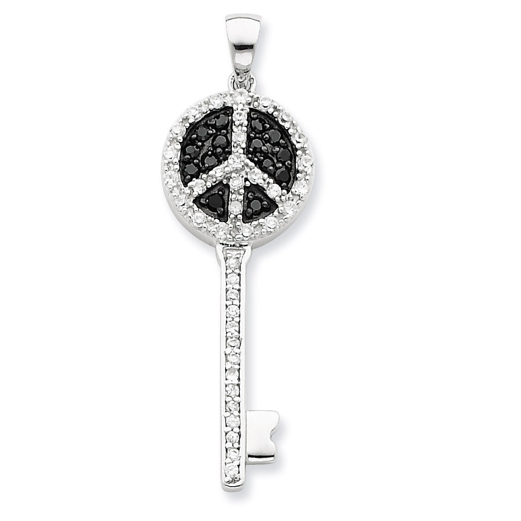 Black and Clear Diamond Peace Sign Top Key Pendant Sterling Silver QP2031