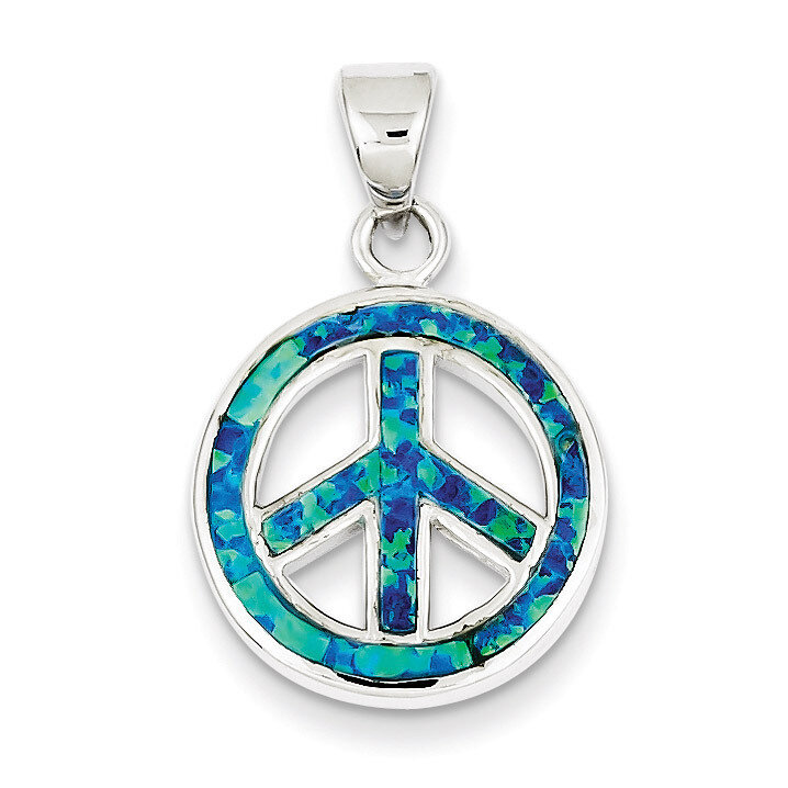 Blue Inlay Created Opal Peace Sign Pendant Sterling Silver QP2745, MPN: QP2745, 883957490533