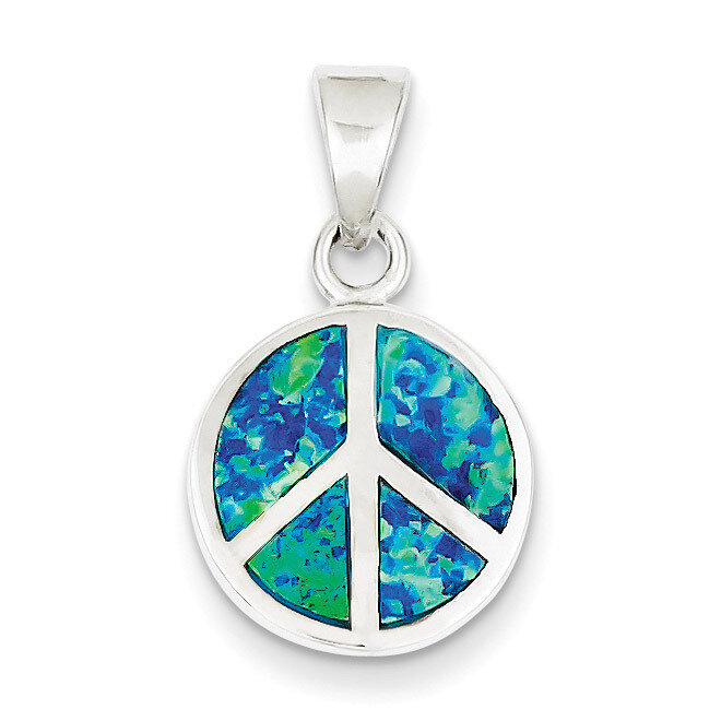 Blue Inlay Created Opal Peace Sign Pendant Sterling Silver QP2746