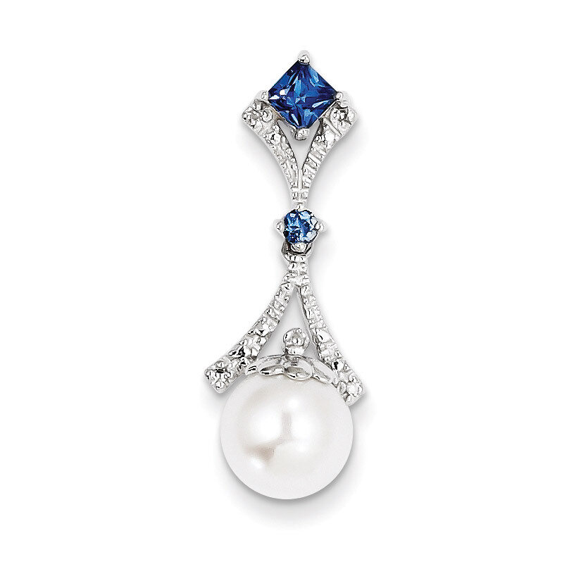 Diamond Cr. Sapphire Cultured Pearl Pendant Sterling Silver Rhodium-plated QP3187, MPN: QP3187, 883…