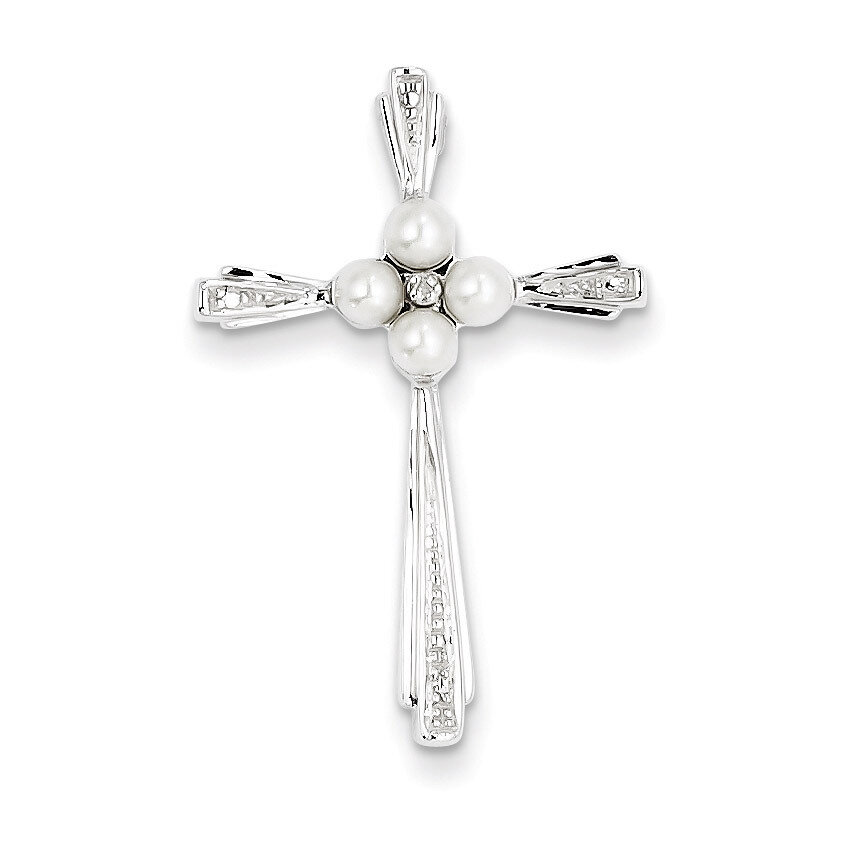 Diamond Cultured Pearl Cross Pendant Sterling Silver Rhodium-plated QP3189