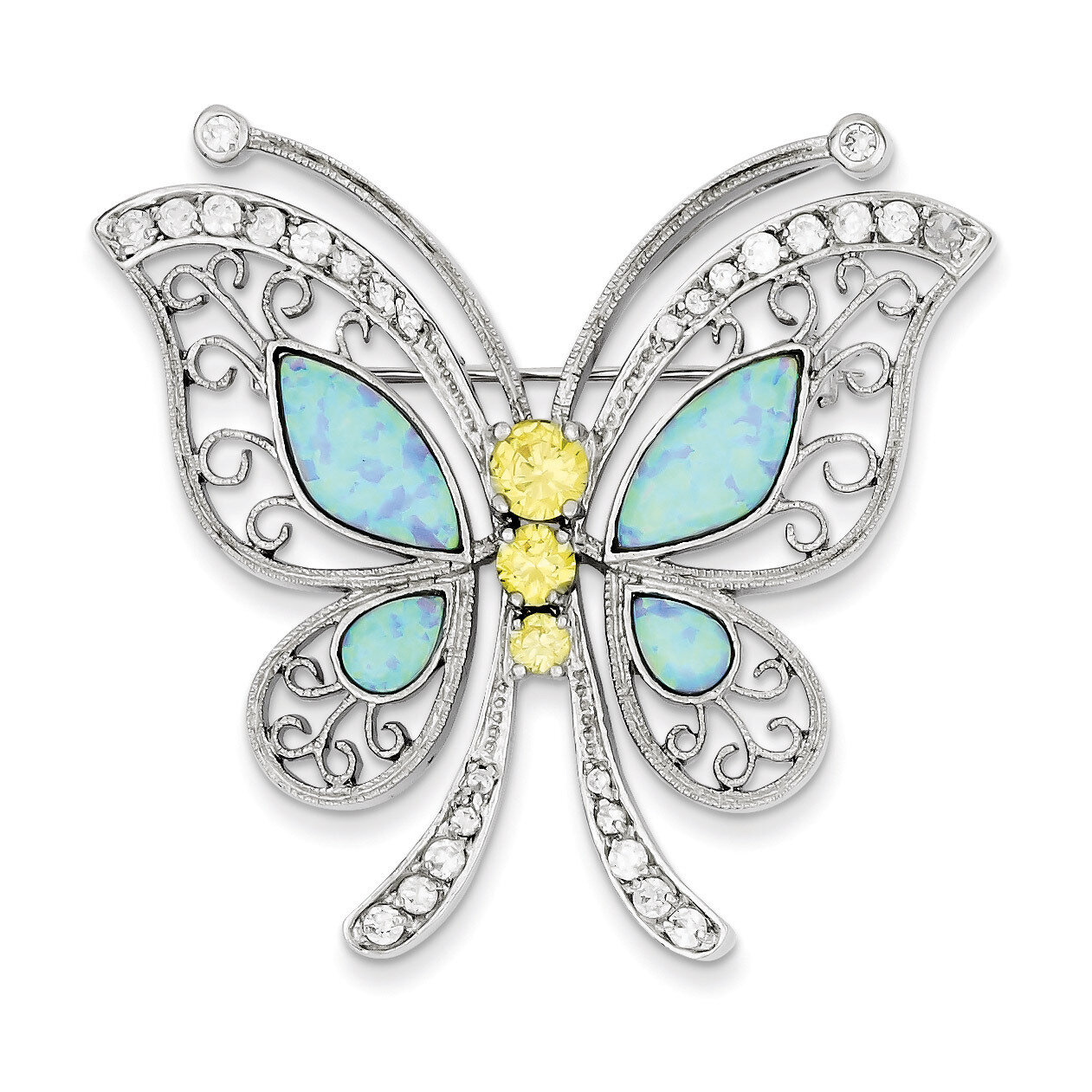 Opal with Yellow and Clear Diamond Butterfly Pin Sterling Silver QP353, MPN: QP353, 191101280085