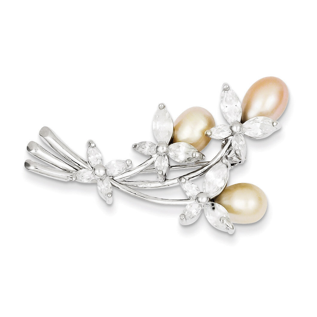 Pearl & Diamond Floral Pin Sterling Silver Cultured QP884