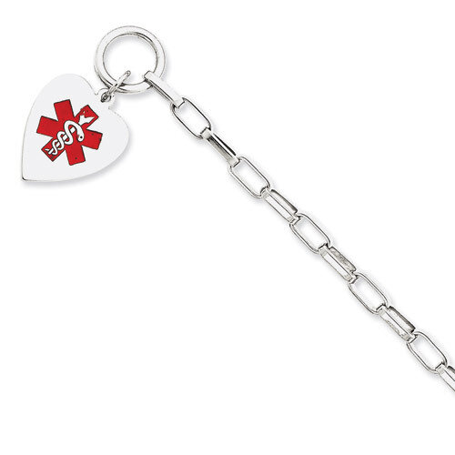 7.75 Inch Enameled Heart Medical ID Bracelet Engravable Sterling Silver XSM90-7.75