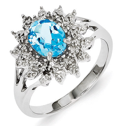 Light Swiss Blue Topaz & Diamond Ring Sterling Silver Rhodium QDX565