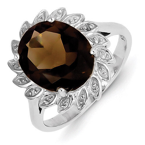 Smokey Quartz &amp; Diamond Ring Sterling Silver Rhodium QDX657