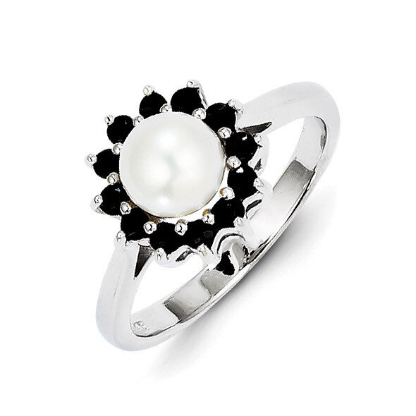 Rhod 6mm Cultured Button Pearl &amp; Sapphire Ring Sterling Silver Rhodium-plated QDX852