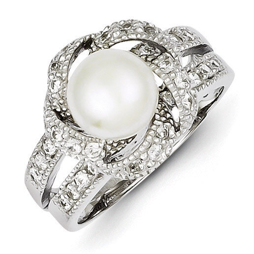 Simulated Pearl and Diamond Ring Sterling Silver QR2162, MPN: QR2162, 191101284380