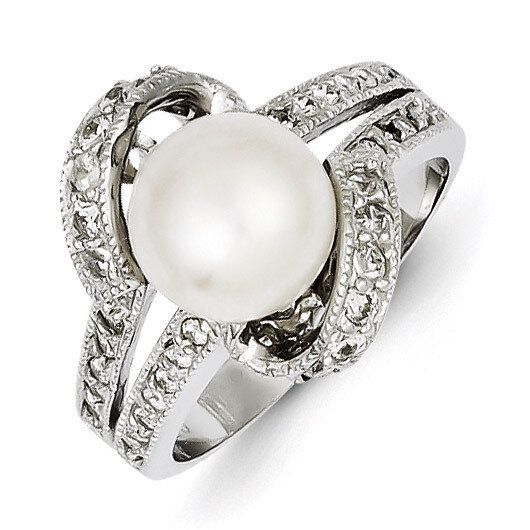 Simulated Pearl and Diamond Ring Sterling Silver QR2168, MPN: QR2168, 191101284427