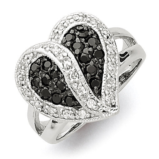 Black & Clear Diamond Heart Ring Antiqued Sterling Silver QR2171