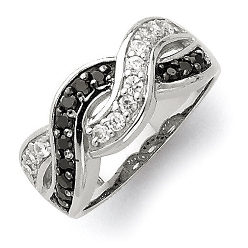 Black and Clear Diamond Wavy Ring Sterling Silver Rhodium QR2747