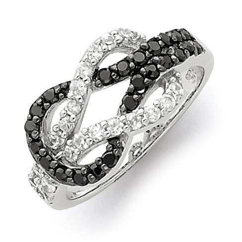 Black and Clear Diamond Love Knot Ring Sterling Silver Rhodium QR2751