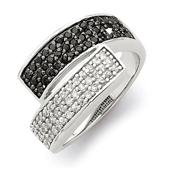 Black and Clear Diamond Overlapping Ring Sterling Silver Rhodium QR2754