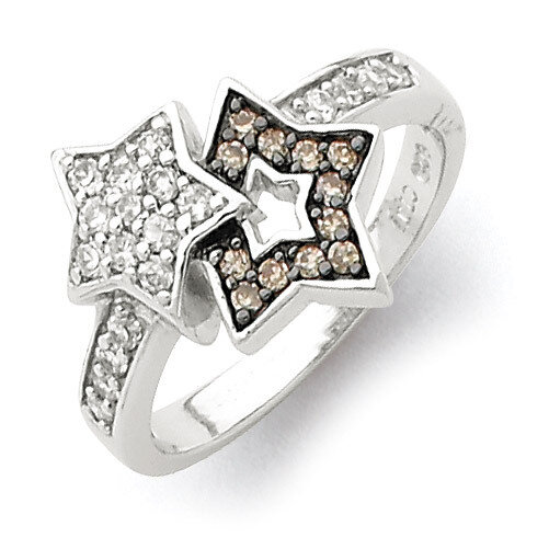 Clear &amp; Champagne Diamond Stars Ring Sterling Silver Rhodium QR2758, MPN: QR2758, 886774257884