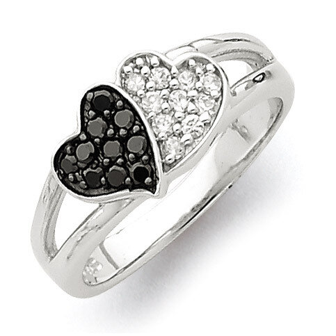 Clear &amp; Black Diamond Hearts Ring Sterling Silver Rhodium QR2759