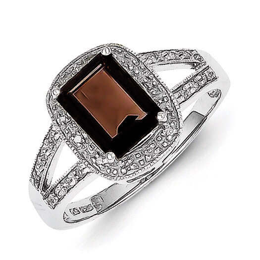 Emerald-cut Smokey Quartz &amp; Diamond Ring Sterling Silver Rhodium QR2796, MPN: QR2796, 883957436715