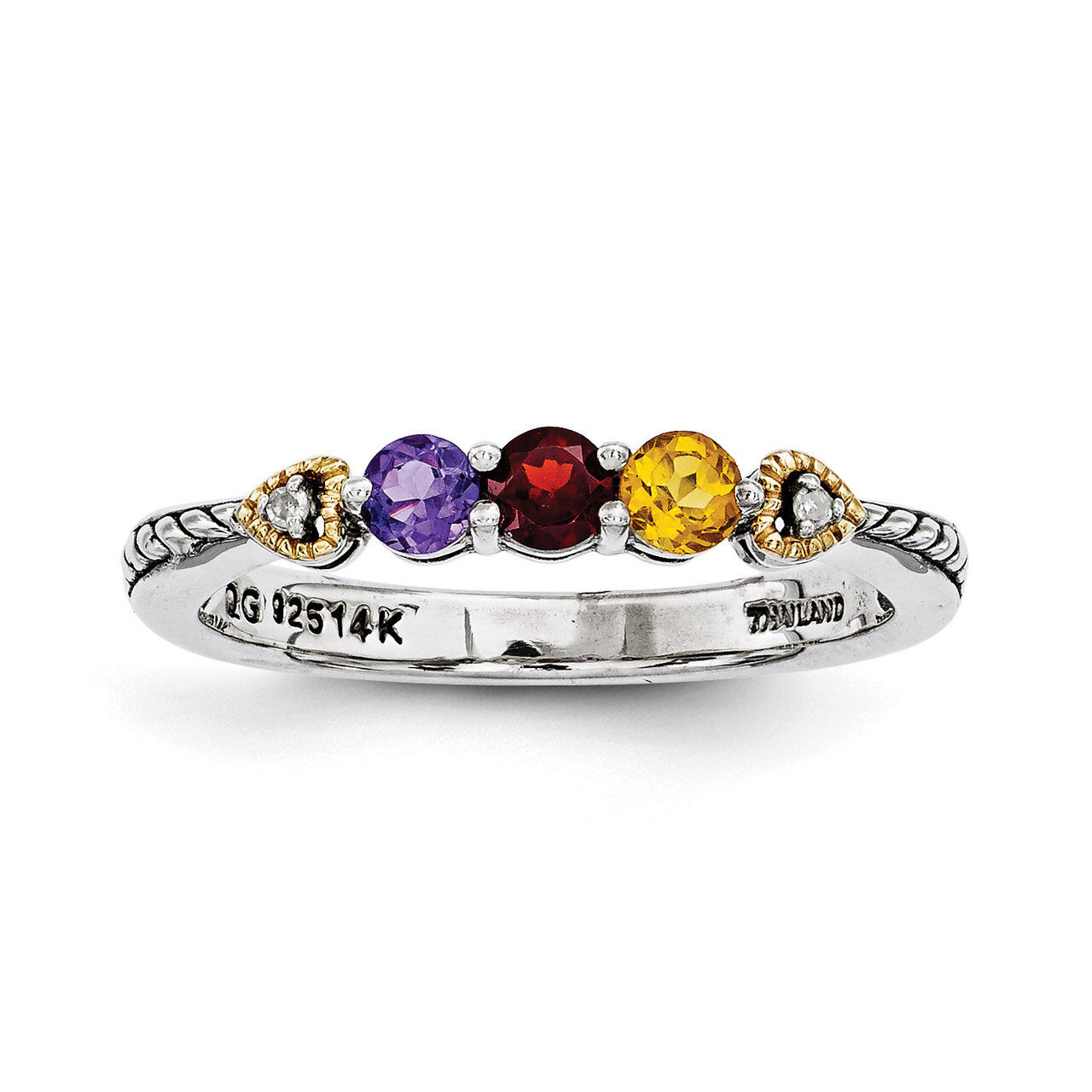 3 Birthstones & 14k Three-stone and Diamond Mother's Semi-Mount Ring Sterling Silver QMR18/3-10