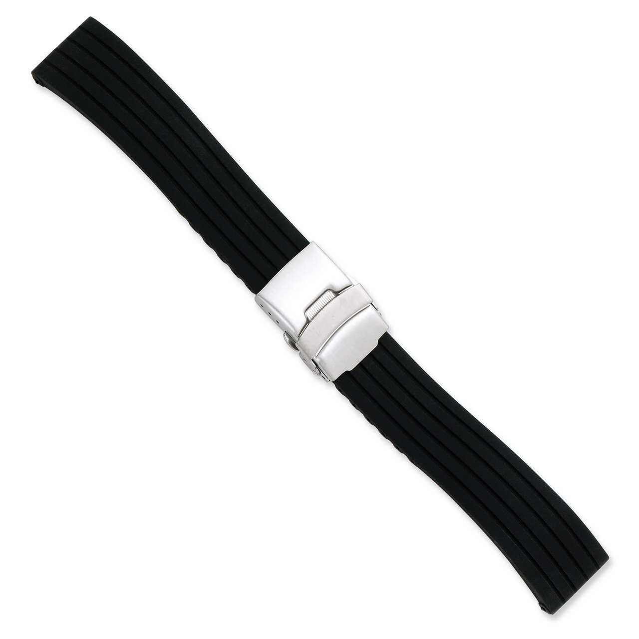 24mm Black Striped Silicone Silver-tone Deploy Buckle Watch Band 7.25 Inch BA224-24