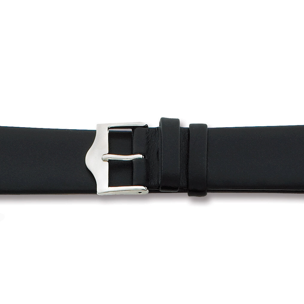 15mm Flat Black Leather Watch Band 7.5 Inch Silver-tone Buckle BA90-15