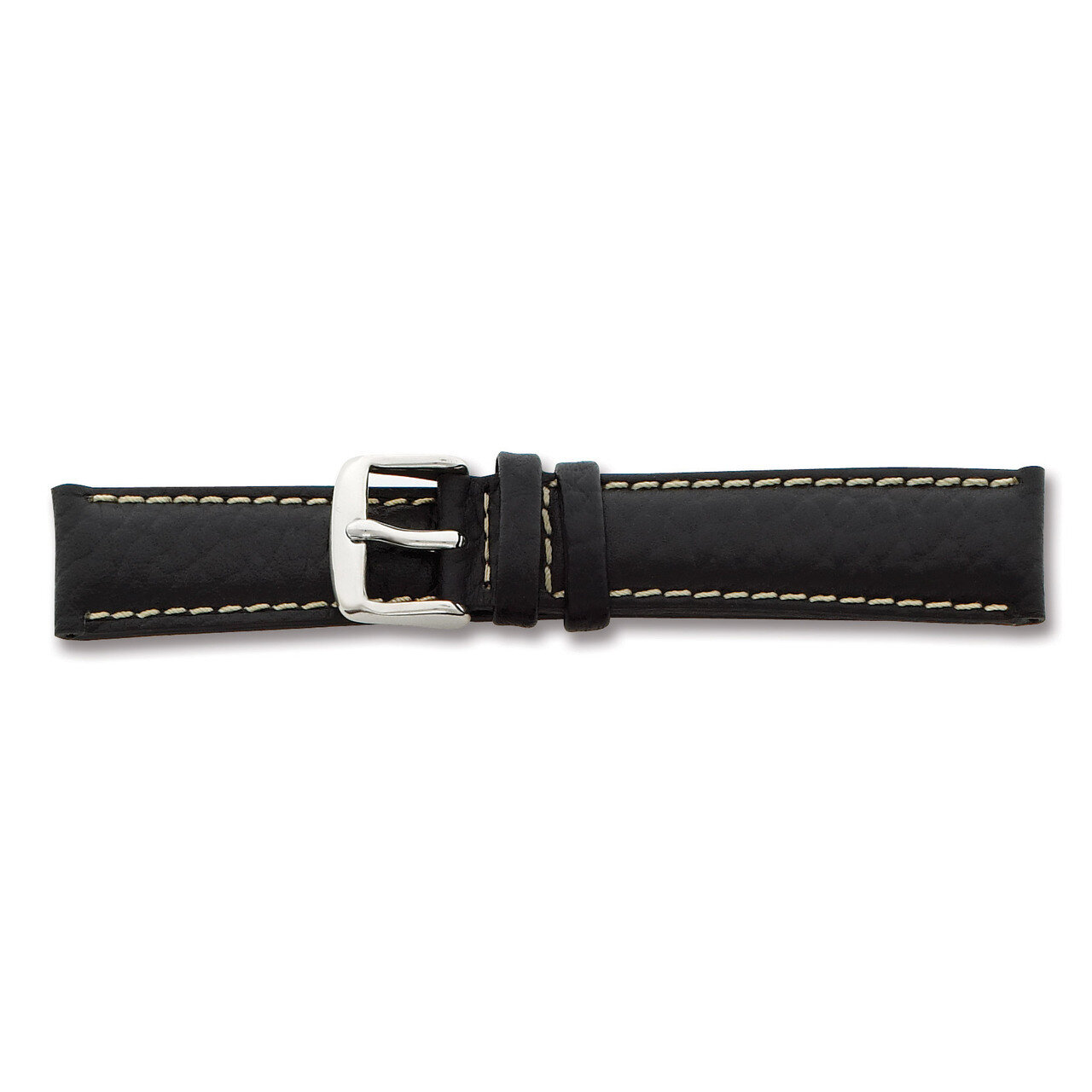 16mm Long Black Leather White Stitch Watch Band 8.5 Inch Silver-tone Buckle BA99L-16