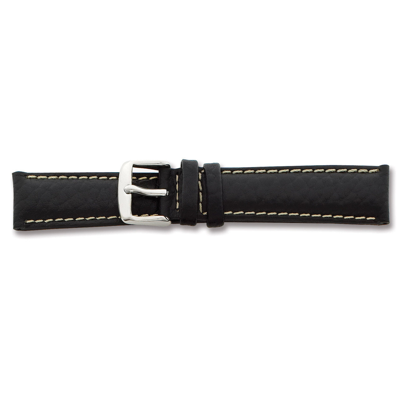 22mm Short Black Leather White Stitch Watch Band 6.75 Inch Silver-tone Buckle BA99S-22