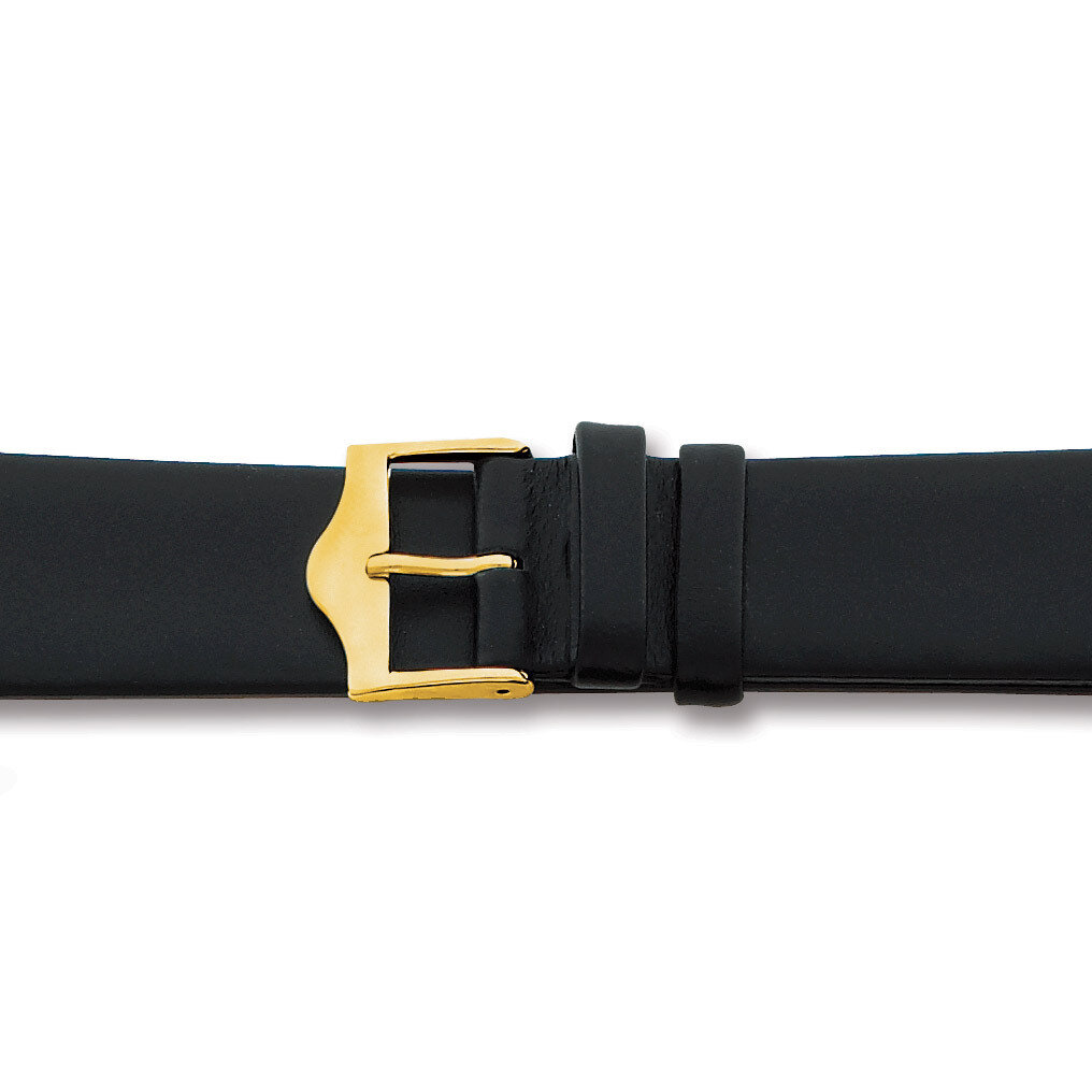 17mm Flat Black Leather Buckle Watch Band 7.5 Inch Gold-tone BAY90-17