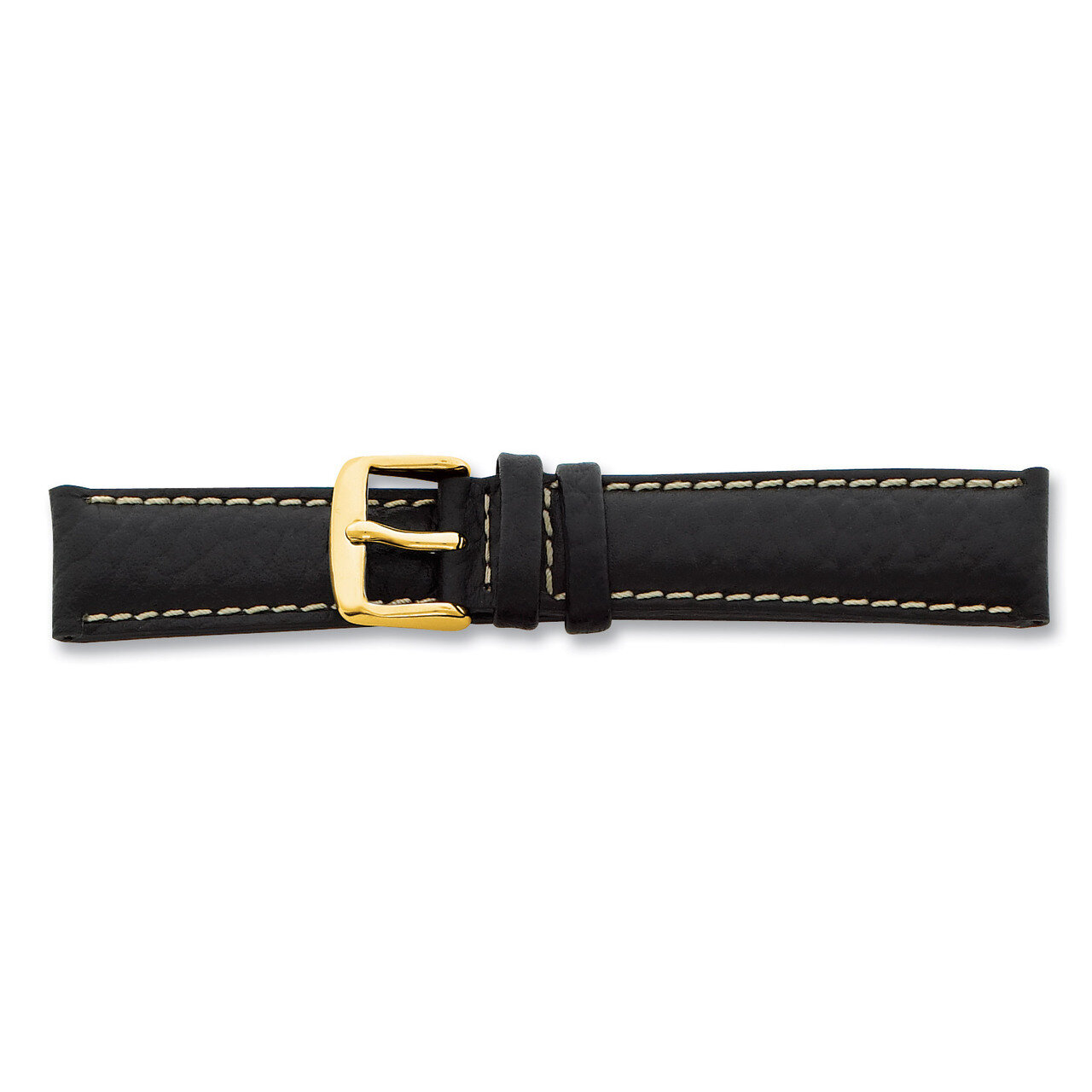 12mm Black Leather White Stitch Buckle Watch Band 6.75 Inch Gold-tone BAY99-12