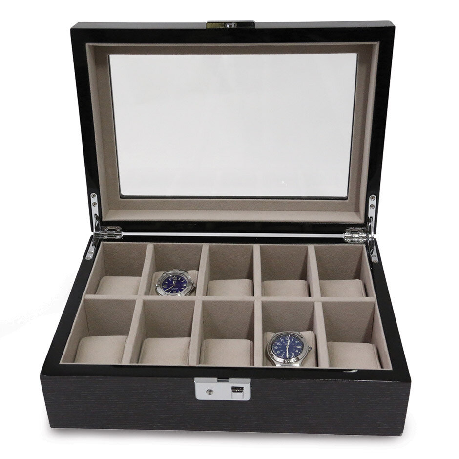 Lacquered Steel Gray Wood 10 Watch Case with Glass Top GM13149, MPN: GM13149, 797140596462