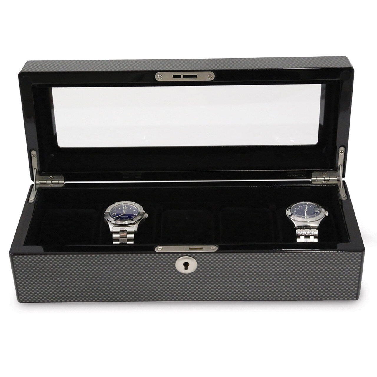 Lacquered Grey Carbon Fiber 5 Watch Case with Glass Top & Lock GM13151