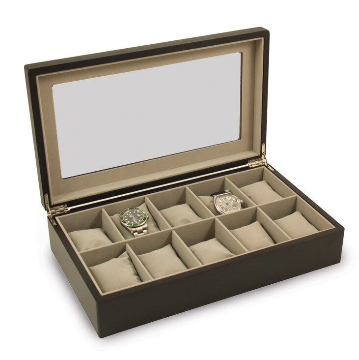 Matte Black Wood 10 Watch Box with Glass Top GM13153