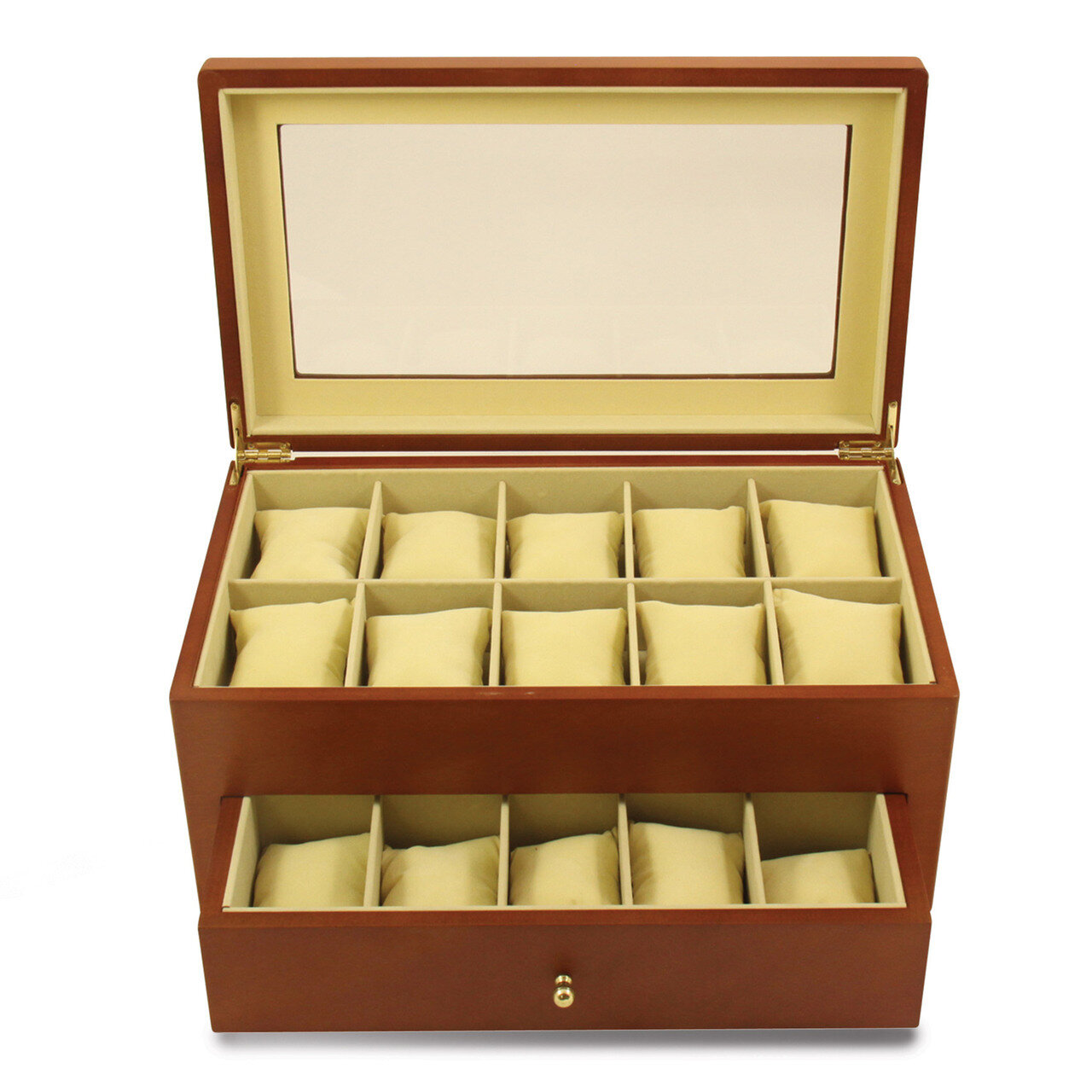 Cherry Finish Wood 20 Watch Box with Glass Top &amp; Drawer GM13156, MPN: GM13156, 797140566403