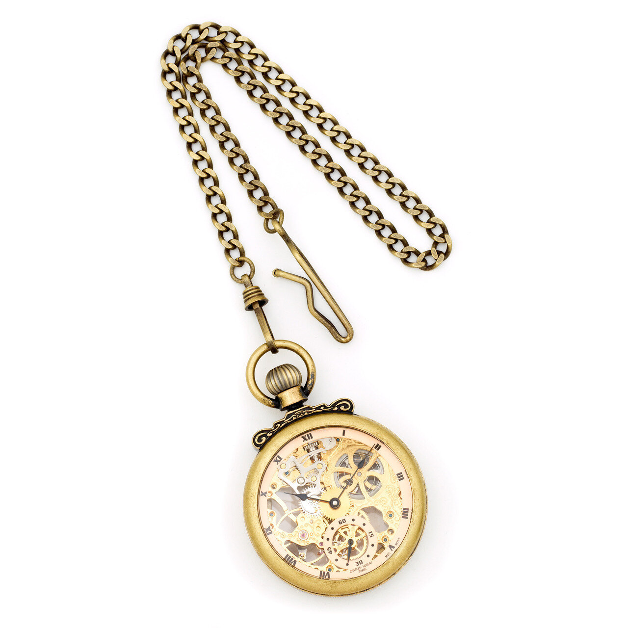 Charles Hubert Antique Gold Finish Brass Skeleton Pocket Watch XWA3337
