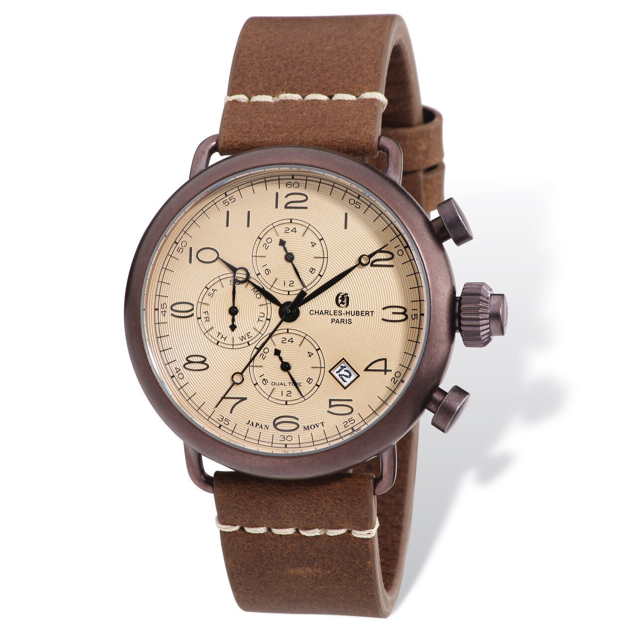 Charles Hubert IP Brown Leather Band 46mm Dual Tme Watch Men&#39;s XWA4788, MPN: XWA4788, 848870006797