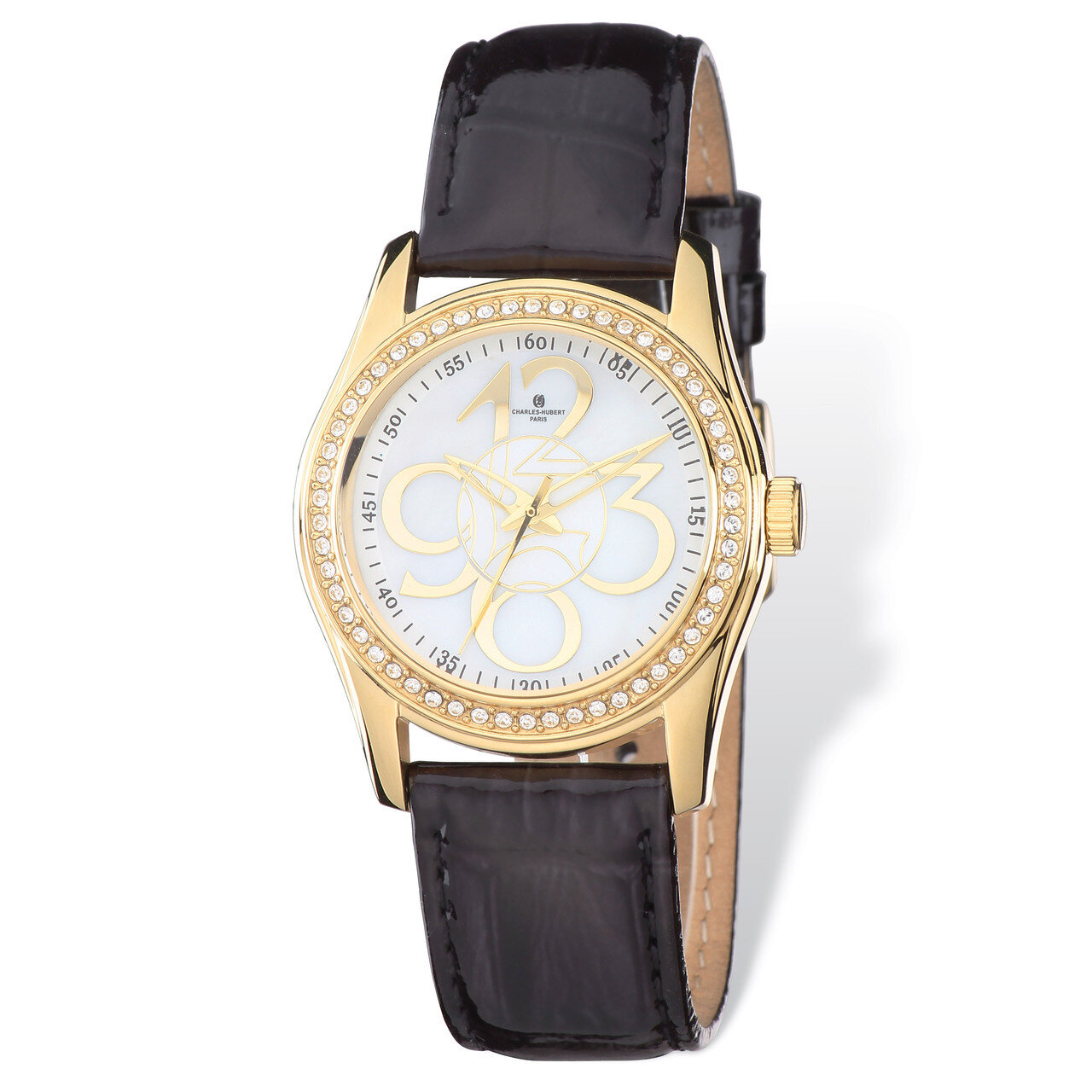 Charles Hubert IP-plated Crystal Bezel Black Leather Watch Ladies XWA4883