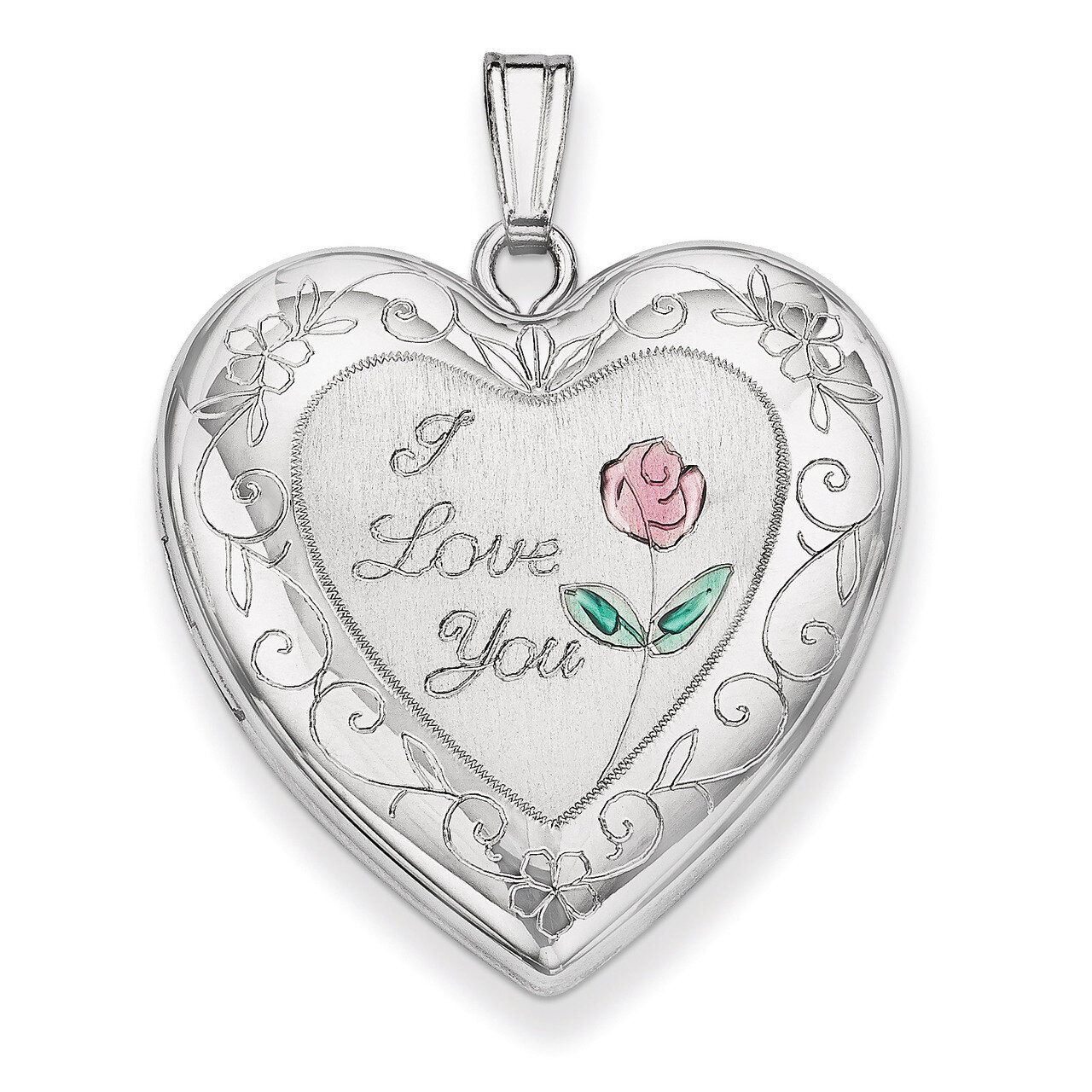 Rose with Border Heart Locket Sterling Silver 24mm Enameled QLS309
