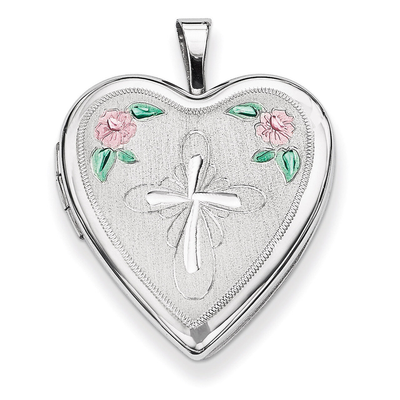 Enameled Flower and Cross Heart Locket Sterling Silver 20mm QLS313