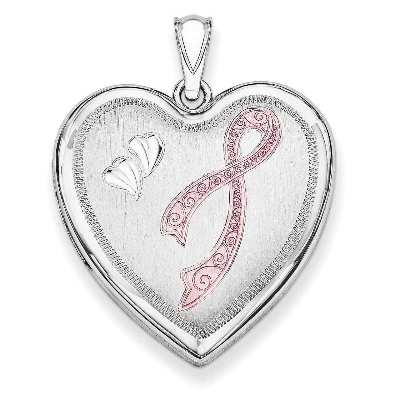 Pink Ribbon Heart Locket Sterling Silver 24mm Enameled Diamond-cut QLS393
