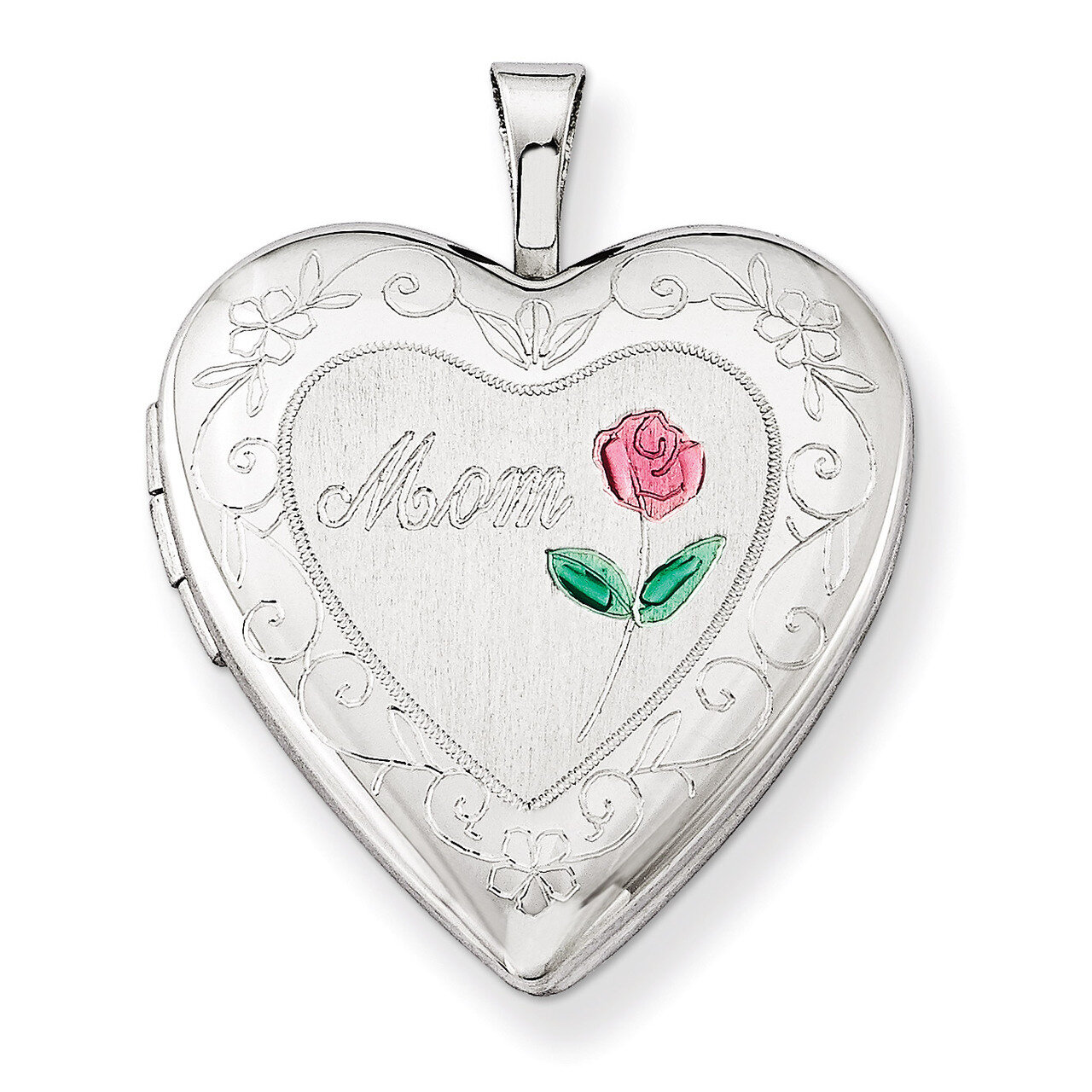 Enameled Mom Heart Locket Sterling Silver 20mm Diamond-cut QLS407