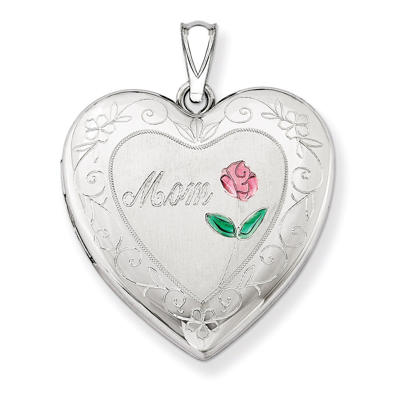 Mom Heart Locket Sterling Silver 24mm Enameled Diamond-cut QLS408, MPN: QLS408, 883957144382