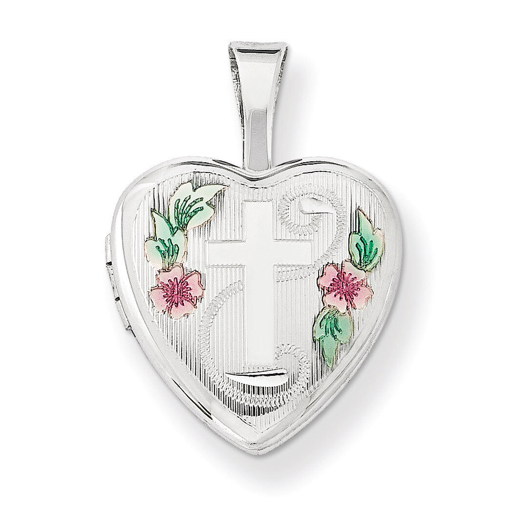 Cross with Enamel Flowers 12mm Heart Locket Sterling Silver QLS570