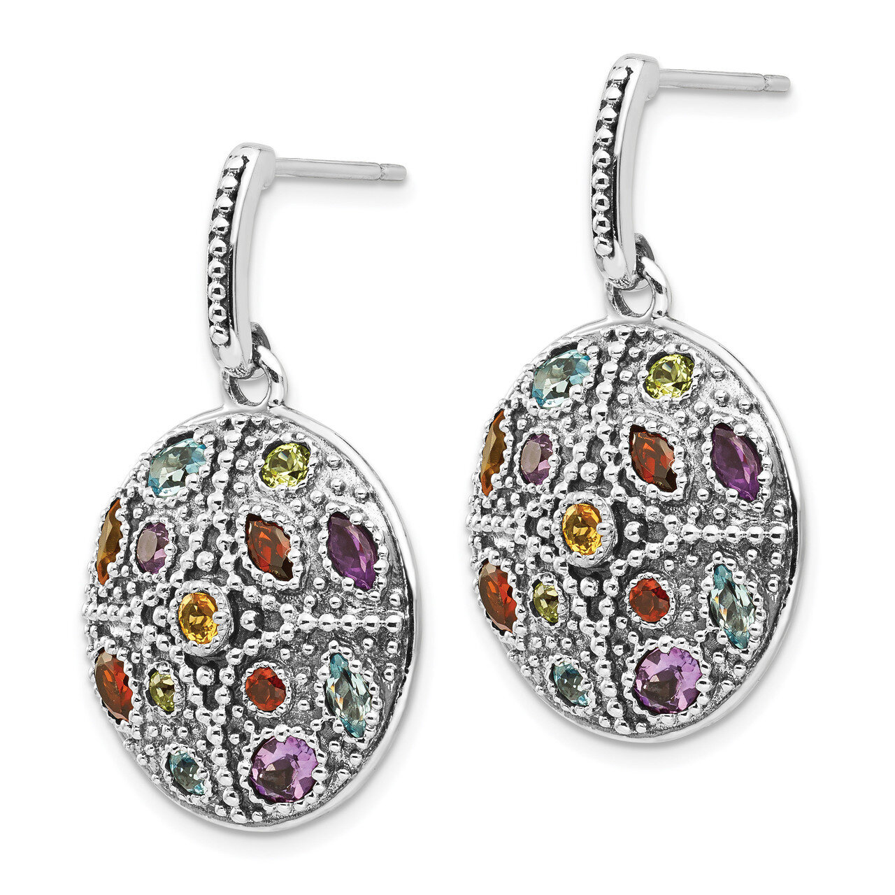 Multi Gemstone Post Dangle Earrings Sterling Silver &amp; 14k Gold Antiqued QTC1017, MPN: QTC1017, 8867…