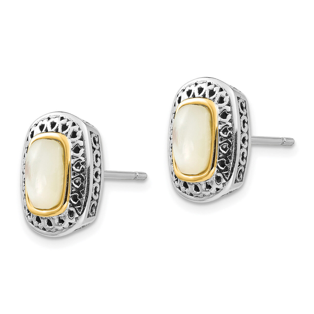 Mother of Pearl Post Earrings Sterling Silver &amp; 14k Gold Antiqued QTC1024, MPN: QTC1024, 1911013876…