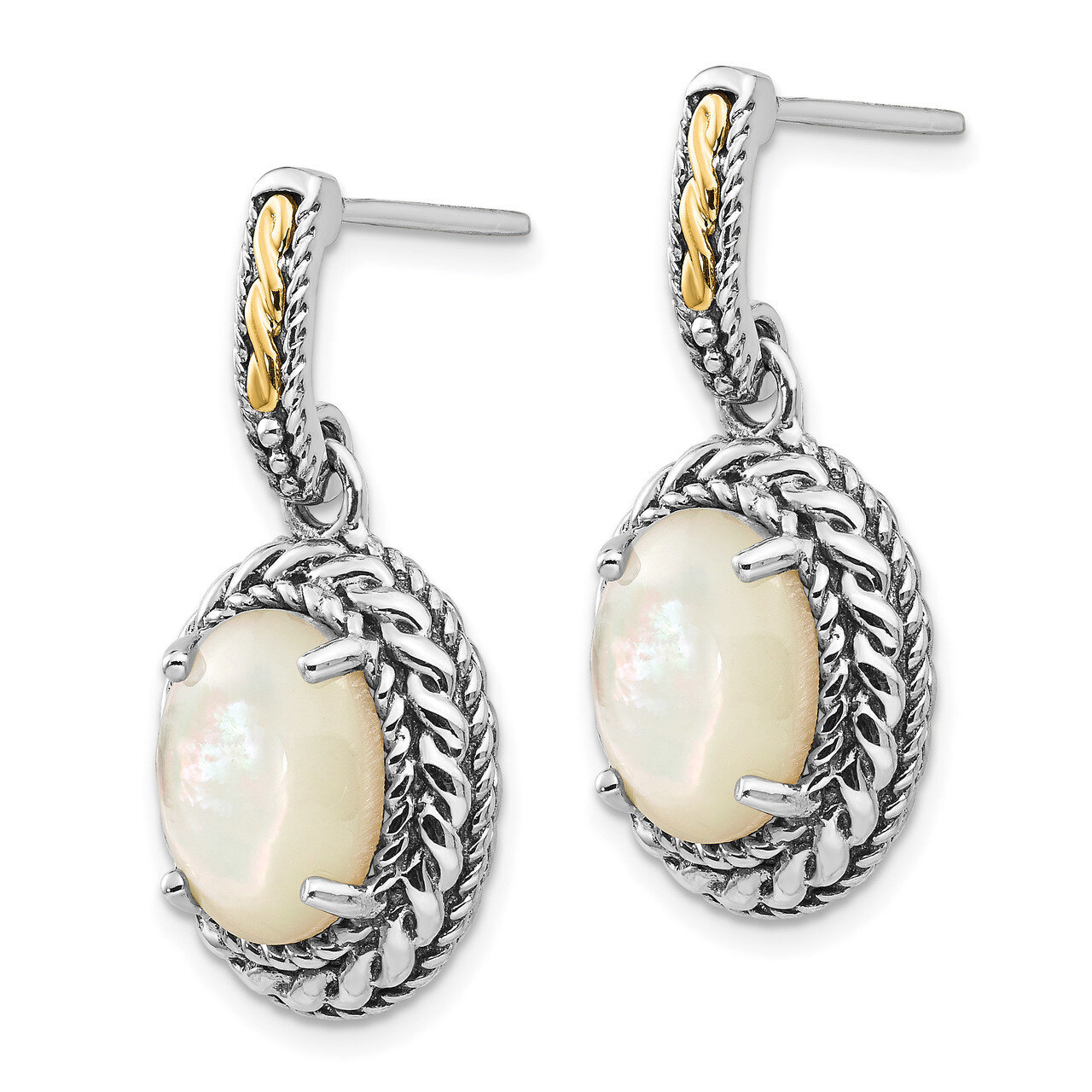 Mother of Pearl Post Dangle Earrings Sterling Silver &amp; 14k Gold Antiqued QTC1026, MPN: QTC1026, 191…