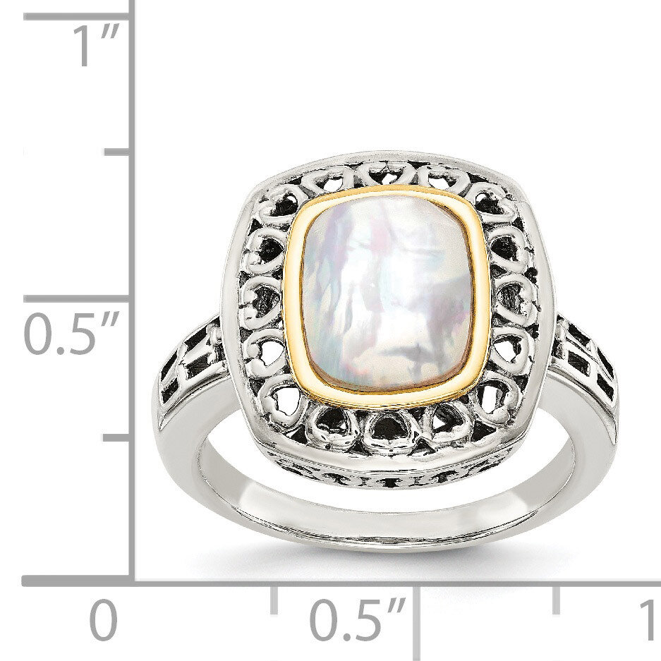 Mother of Pearl Ring Sterling Silver &amp; 14k Gold Antiqued QTC1162