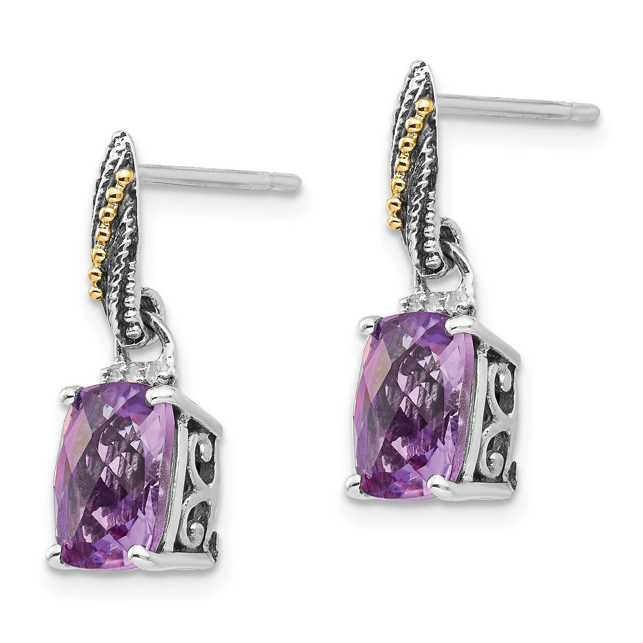 Diamond and Amethyst Dangle Post Earrings Sterling Silver &amp; 14k Gold QTC1226, MPN: QTC1226, 1911014…