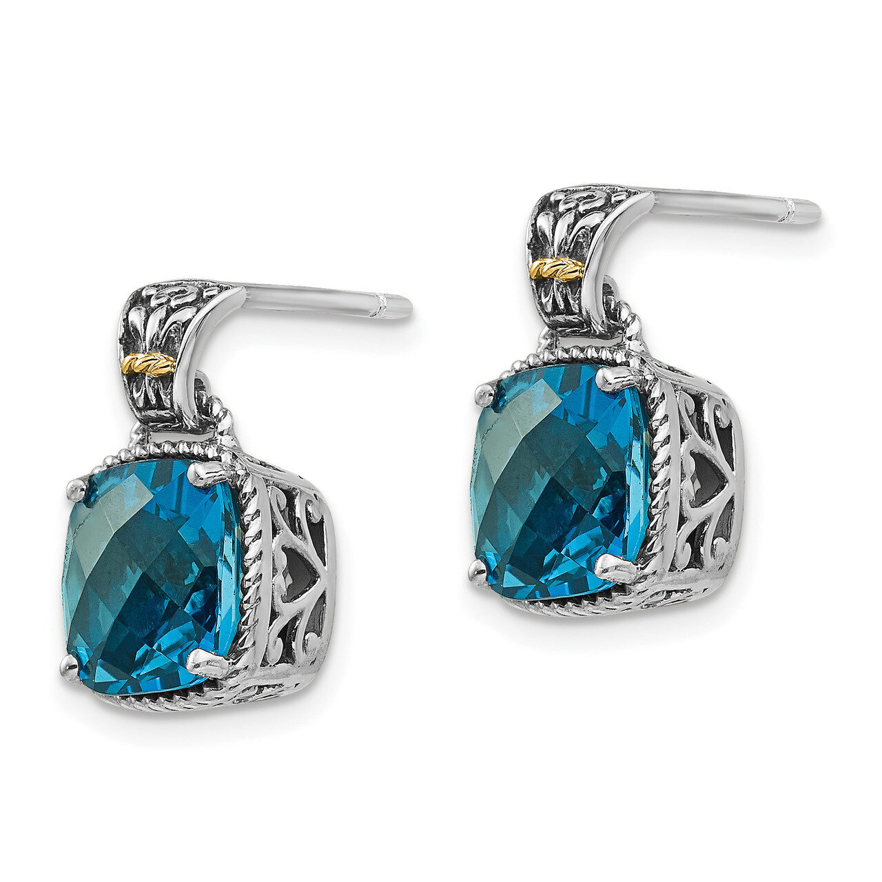 London Blue Topaz Post Earrings Sterling Silver &amp; 14k Gold QTC1347